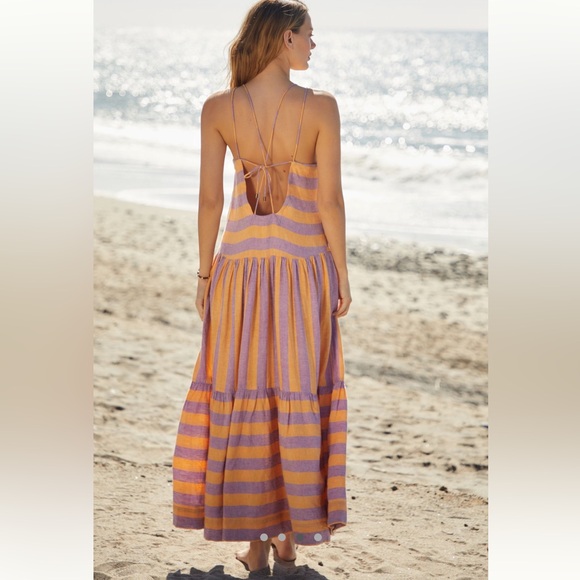NWT by Anthropologie Peach Lilac Multi Striped Tiered Maxi Dress - Picture 2 of 6